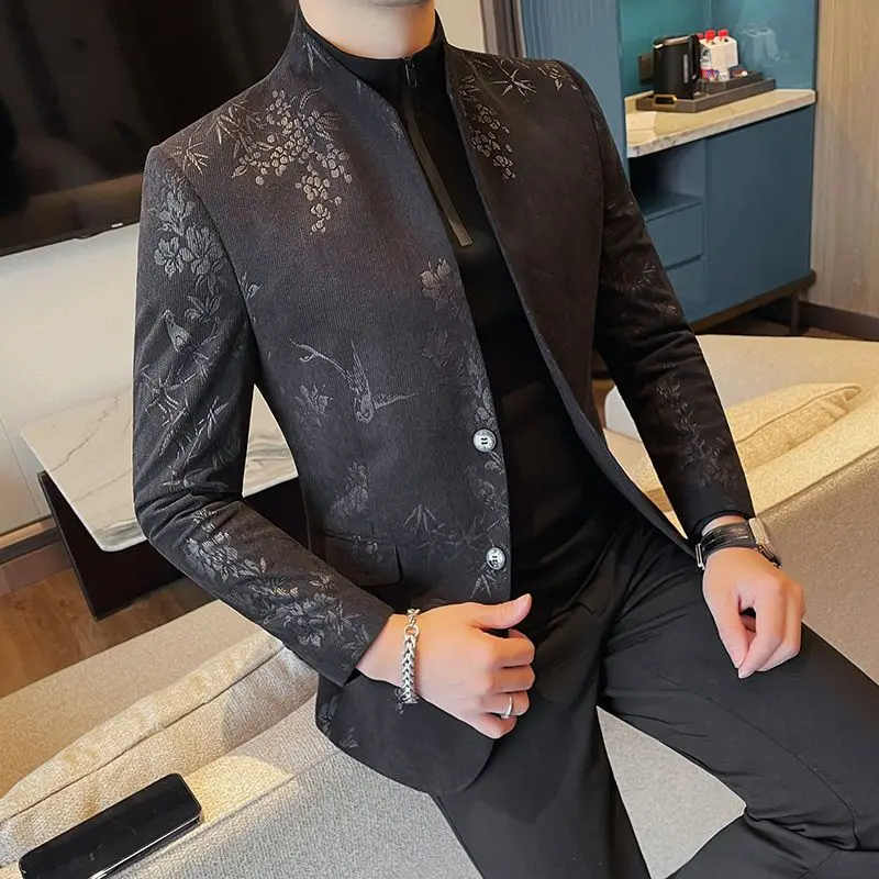 

New Men's Slim Fit Business Casual Blazer Jacket Stand Collar Vintage Print Elegant Tailcoat Slim Suits Jacket with Buttons