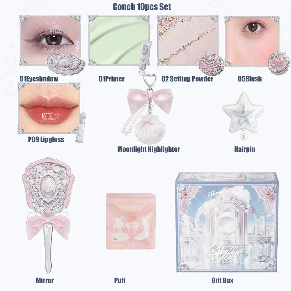 Flower Knows Make-up-Sets, Kosmetik, komplettes Set, Muscheln, Perlen, Lidschatten, Lipgloss, Rouge für Wange, Textmarker, Geschenkbox, Make-up-Set