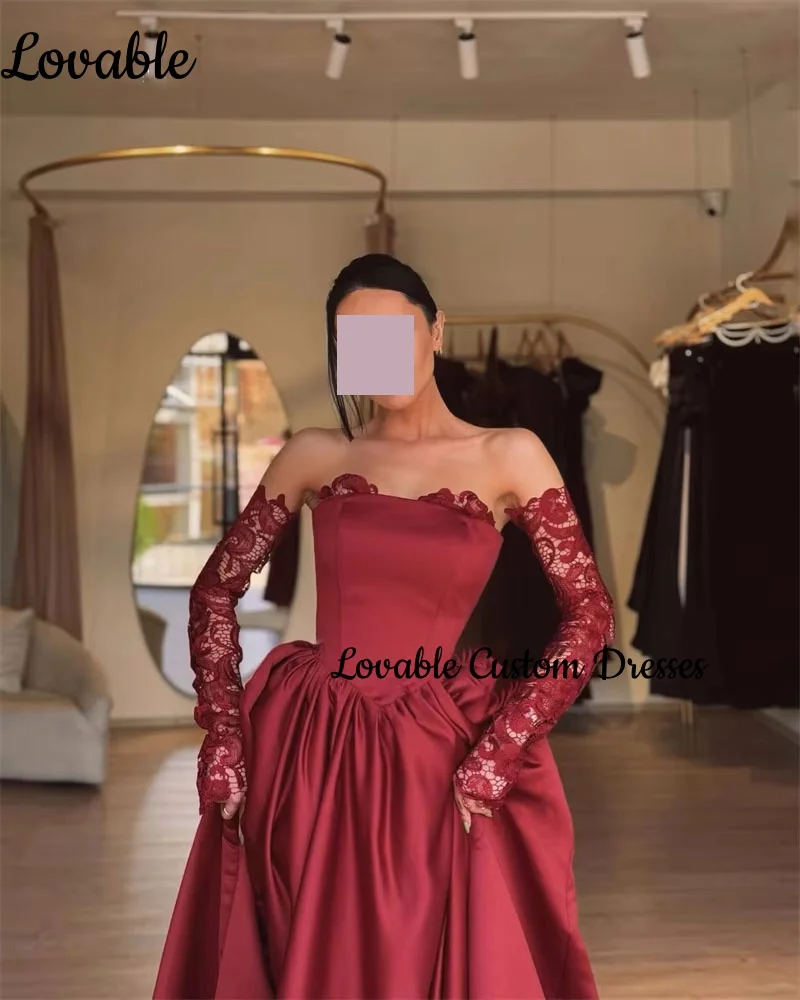 Vestidos formales personalizados, corte en A, sin tirantes, de encaje, vestidos de noche para mujer, hasta el suelo, con cremallera, vestido de fiesta de boda de manga larga