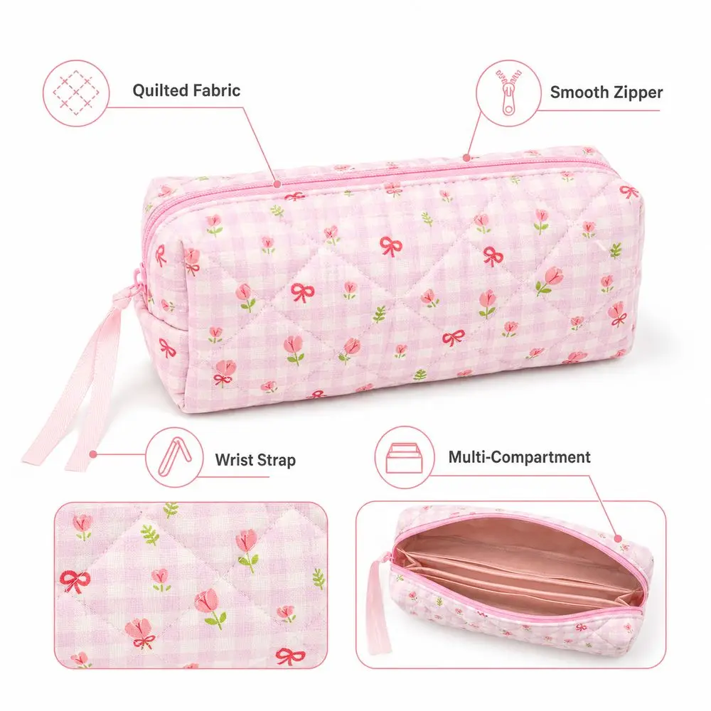 Floral Pattern Pencil Case Zipper Closure Wrist Strap Stationery Case Multi-Compartment Bow Pattern Pencil Pouch