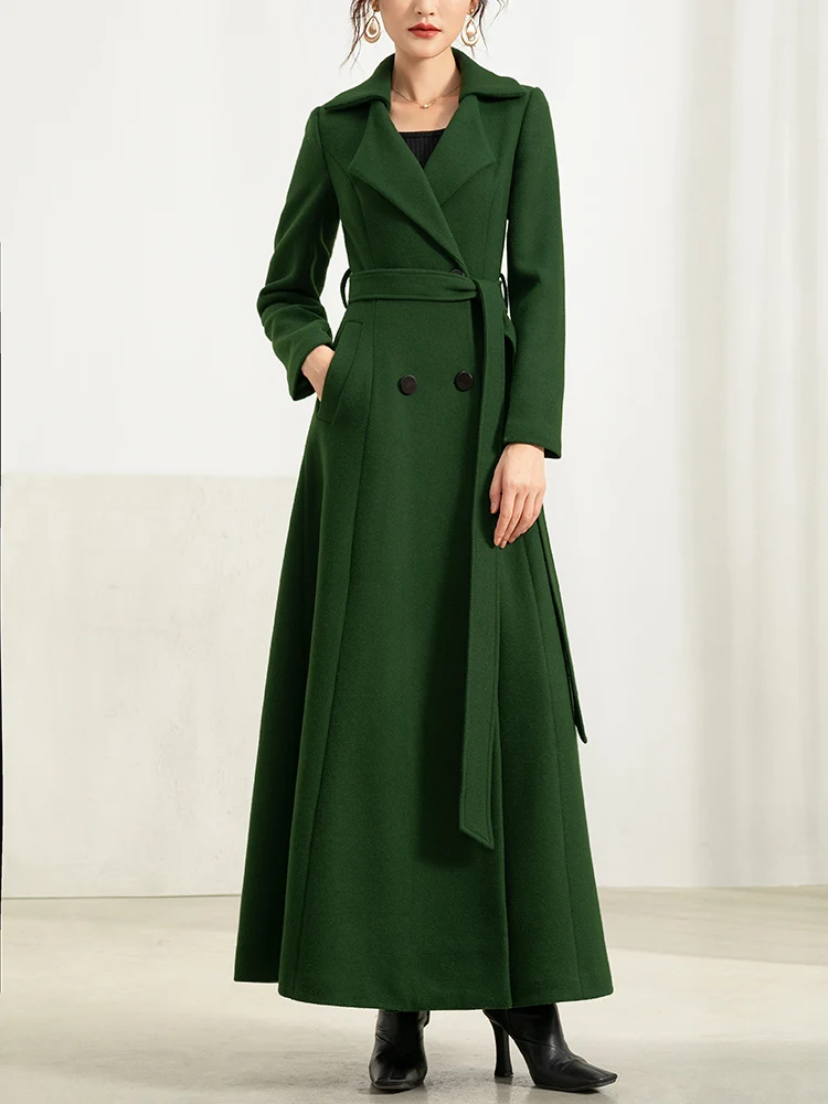 Pop Women Woolen Overcoat Spring Nice Elegant Fashion Green Suit Collar Solid Color All-match Thick Slim Long Wool Blends Coat