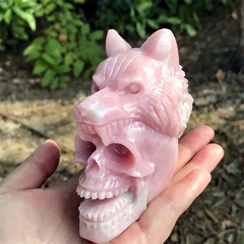 Natural Pink Opal Wolf Skull Handmade Carved Polished Animal Powerful Statue For Home Decoration Gift 1pcs