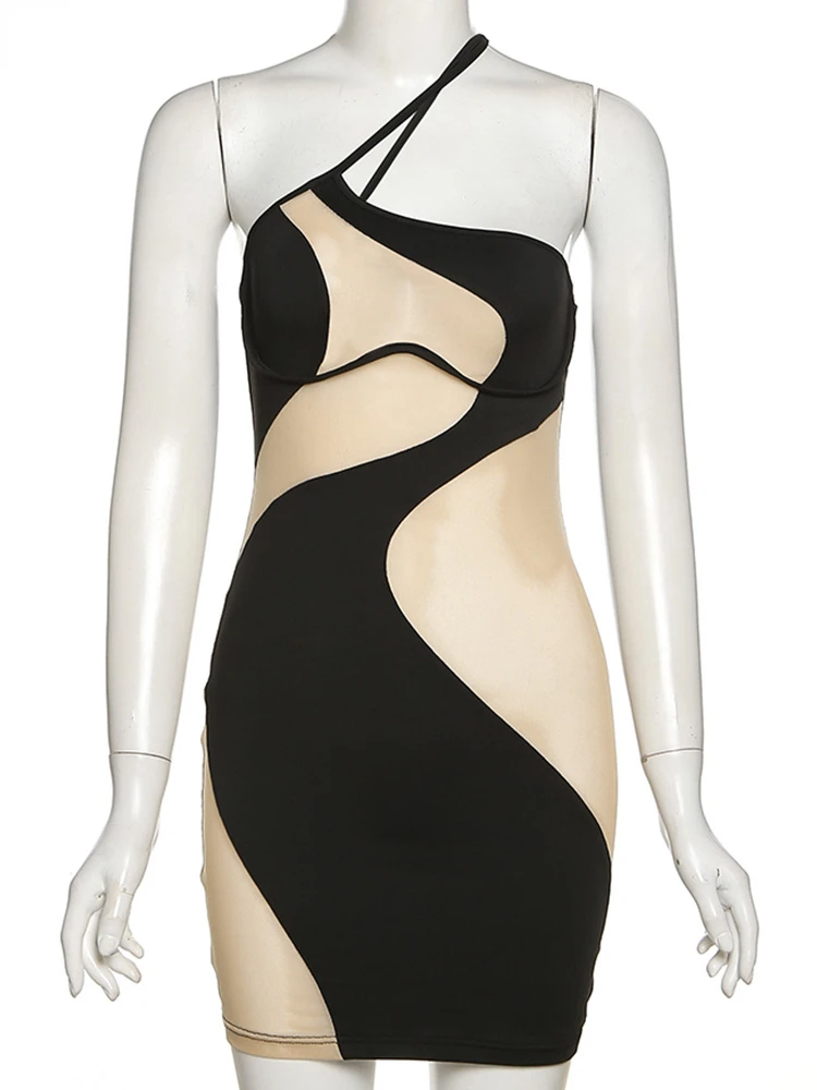 Mulheres ver através de malha patchwork halter mini bodycon vestidos, sexy streetwear, y2k Activewear, verão, novo, 2023