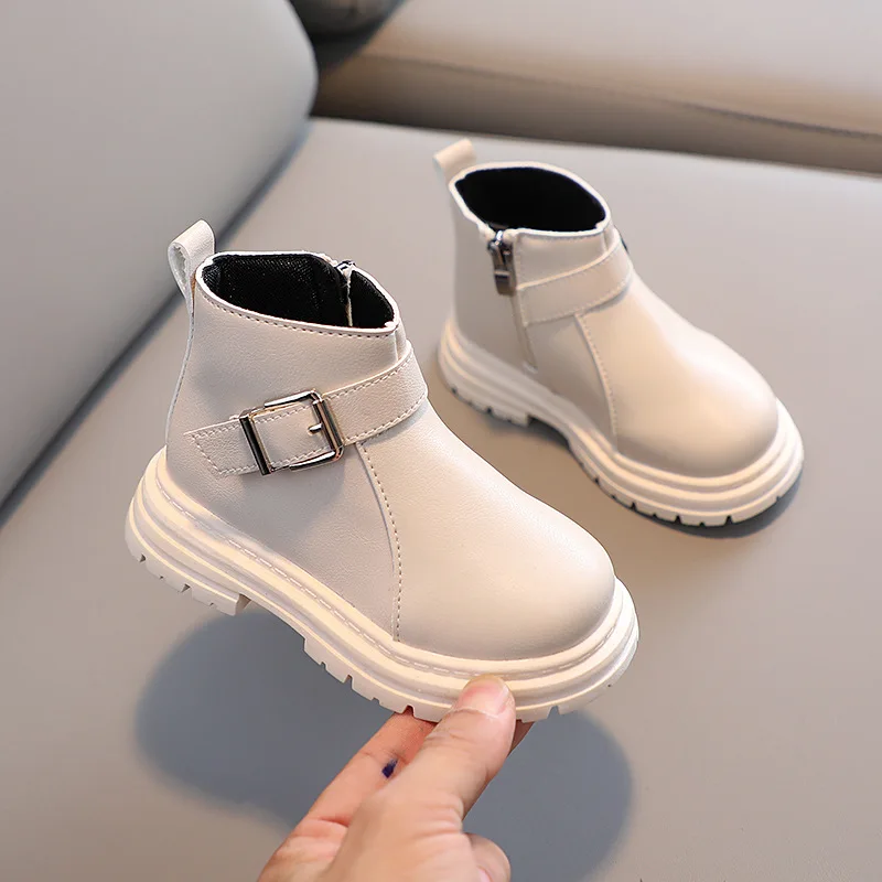 2026 Children Autumn Winter Boots Buckle Platform Toddler Kids Short Boot 21-30 Solid Color Black Beige Matte Boys Girls Shoes