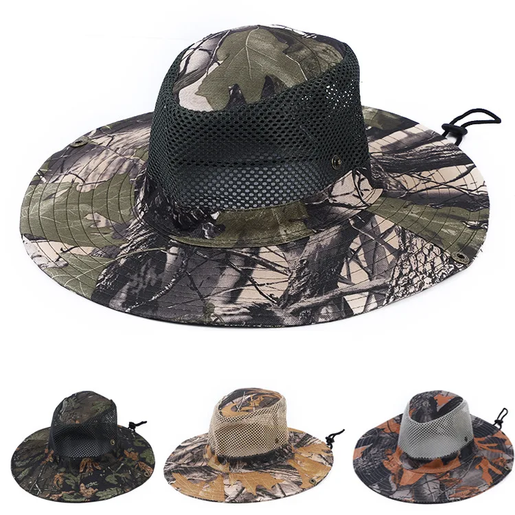 

Camouflage Mesh Bucket Hats Wide Brim Beach Hat UV Protection Breathable Hunting Fishing Climbing Hiking Hat Outdoor Men Sun Hat