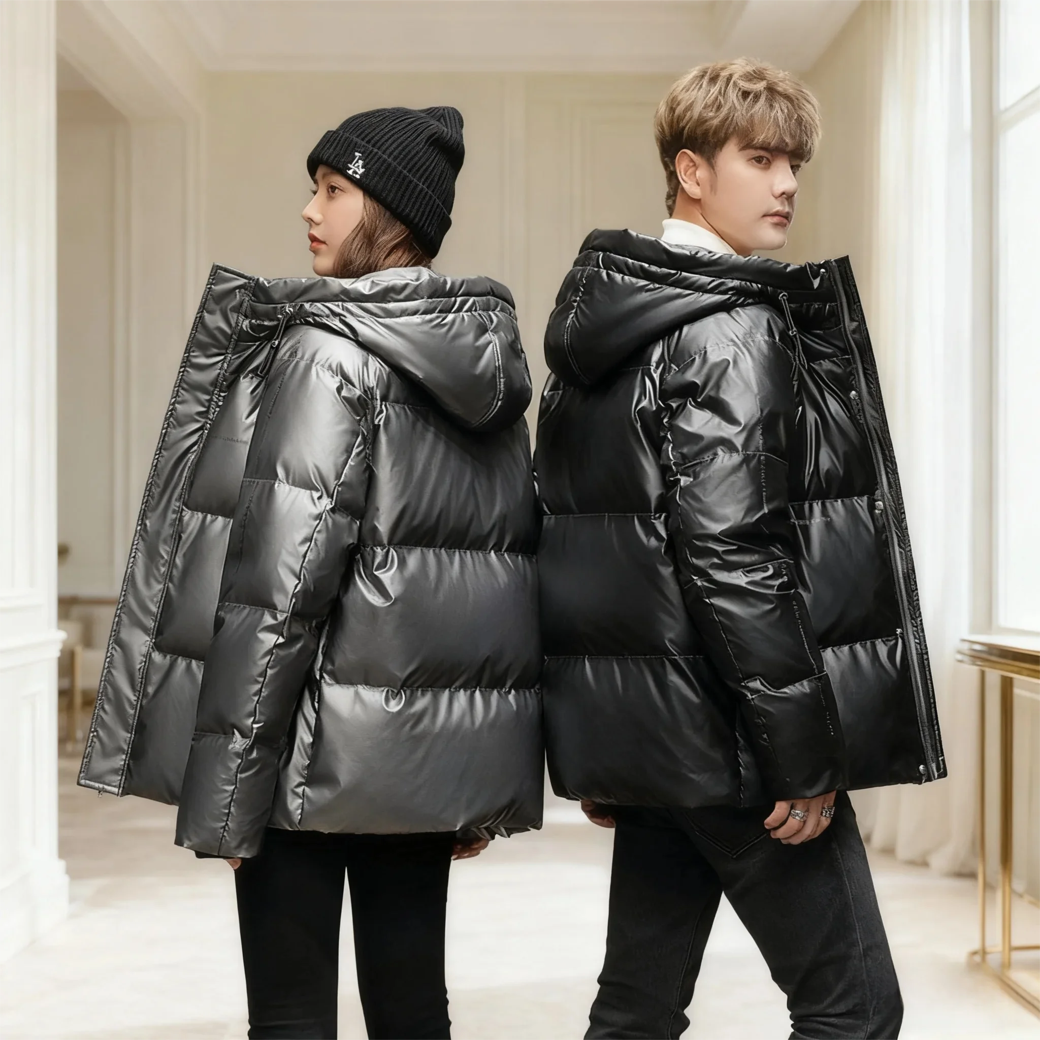 Unisex High-Gloss Parka - 90% White Duck Down with Heavyweight InsulationCouple's Weatherproof Jacket