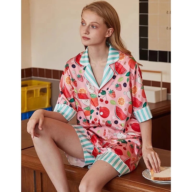 Ins Style Colorful Fruits Print Women Faux Silk Pajamas 2ps Home Set Summer Y2k Cool 2024 New Casual Loungewear Women Sleepwear