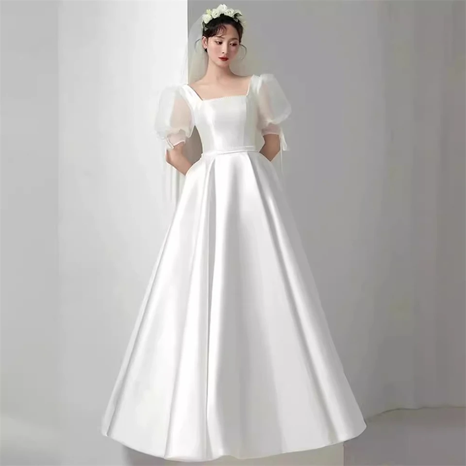 Customized Square Neck Short Sleeves A-line Simple  2025 Wedding Dresses For Woman Sweep Train Bridal Gowns Vestidos De Novia