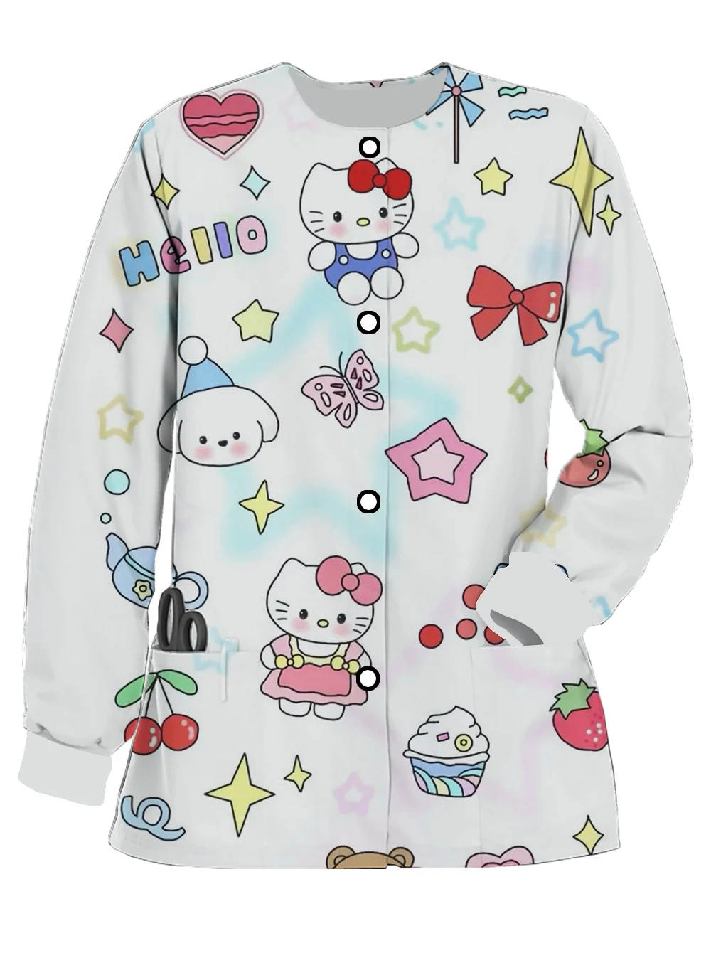 Women's spring and autumn button long-sleeved nurse uniform Hello Kitty printed cardigan doctor fashionable casual work clothes