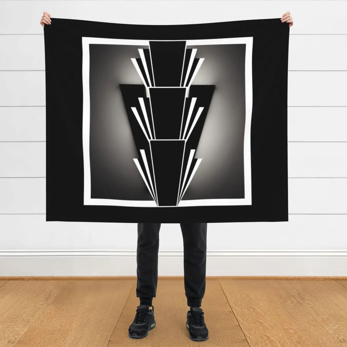 

Art Deco Nouveau Black and Silver Geometric Fan Design Throw Blanket Beach for winter cosplay anime Blankets