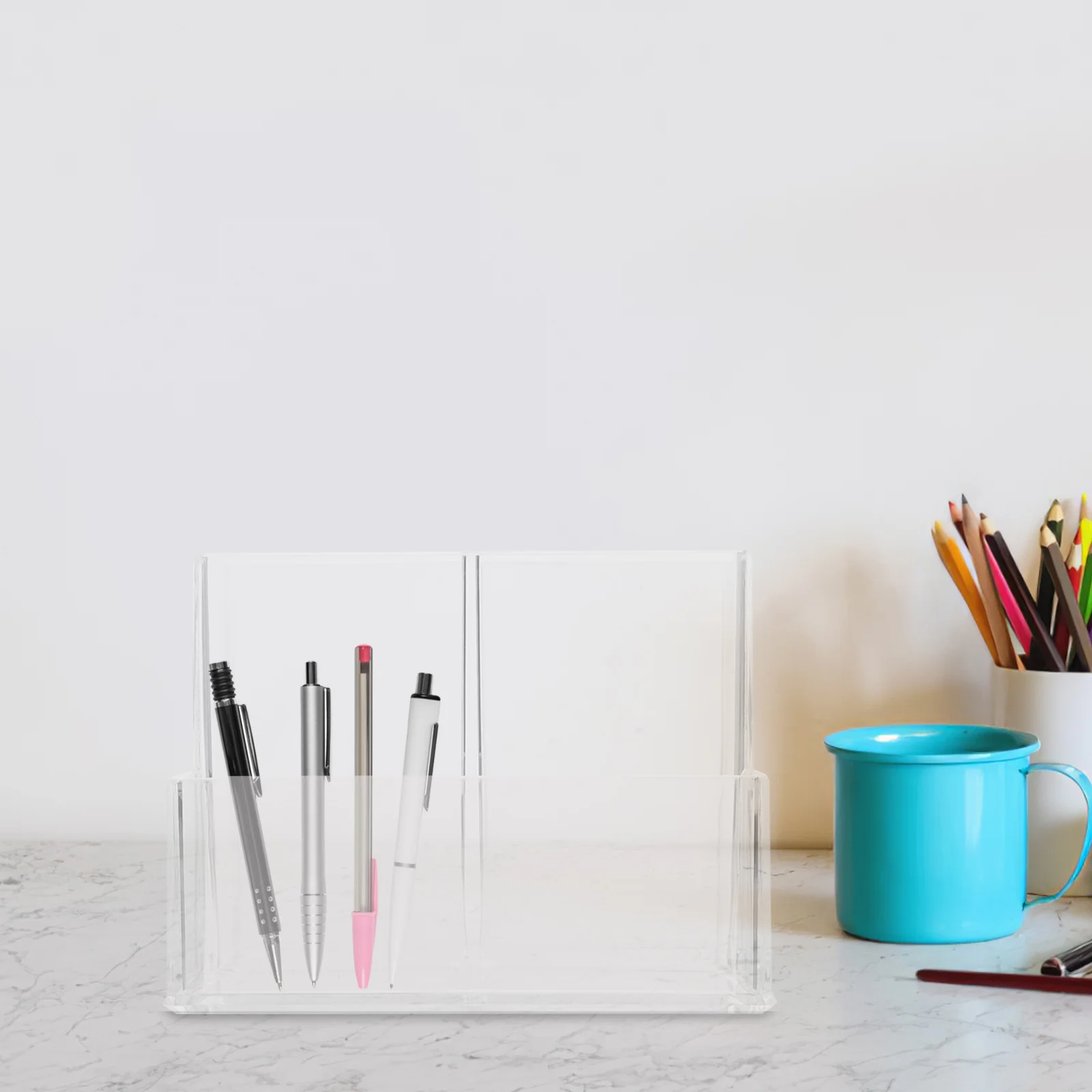 2Pcs Acrylic Pen Holder Desk Organizer Transparent Stationery Container for Home Office with Multi-Grid Compartments Storage Cup