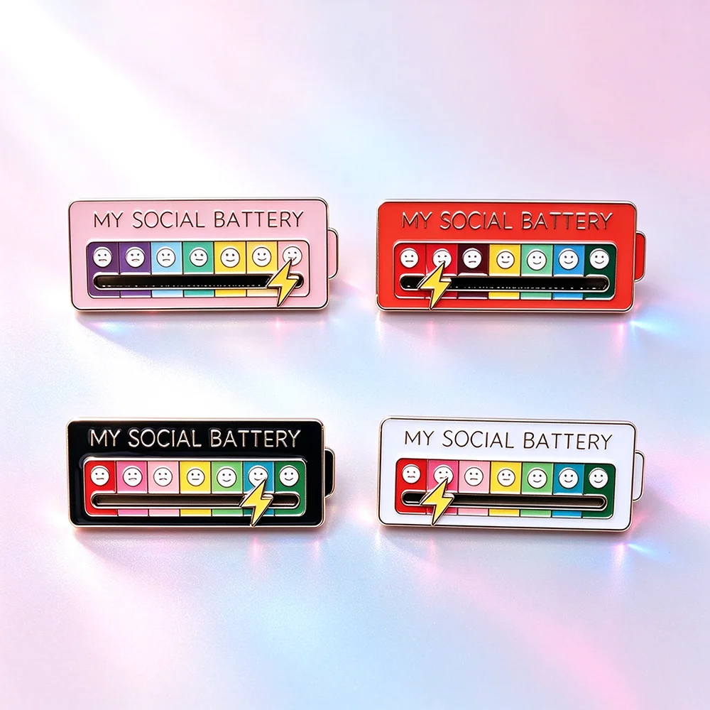 4Pcs My Social Battery Enamel Pins Set, Interactive Slider Mood Marker Metal Lapel Brooches, Funny Social Energy Badges