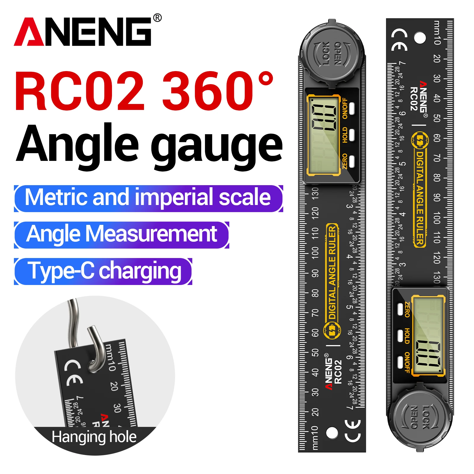 ANENG RC02 Rechargeable Digital Angle Gauge 360 Degree Electronic Protractor 200mm Multi Angle Ruler Woodworking Measuring Meter