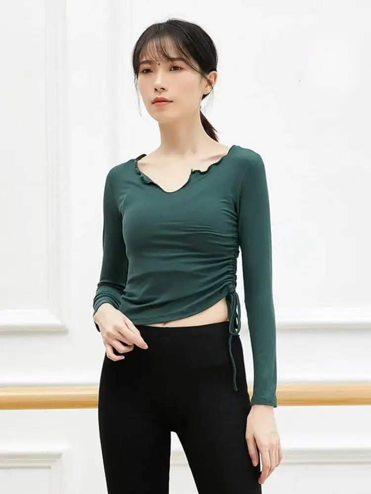 Damen-Top für modernen Tanz, schmal geschnitten, mit verstellbarem Kordelzug, schlichtes Langarmshirt für das zeitgenössische Jazz-Bühnenübungen