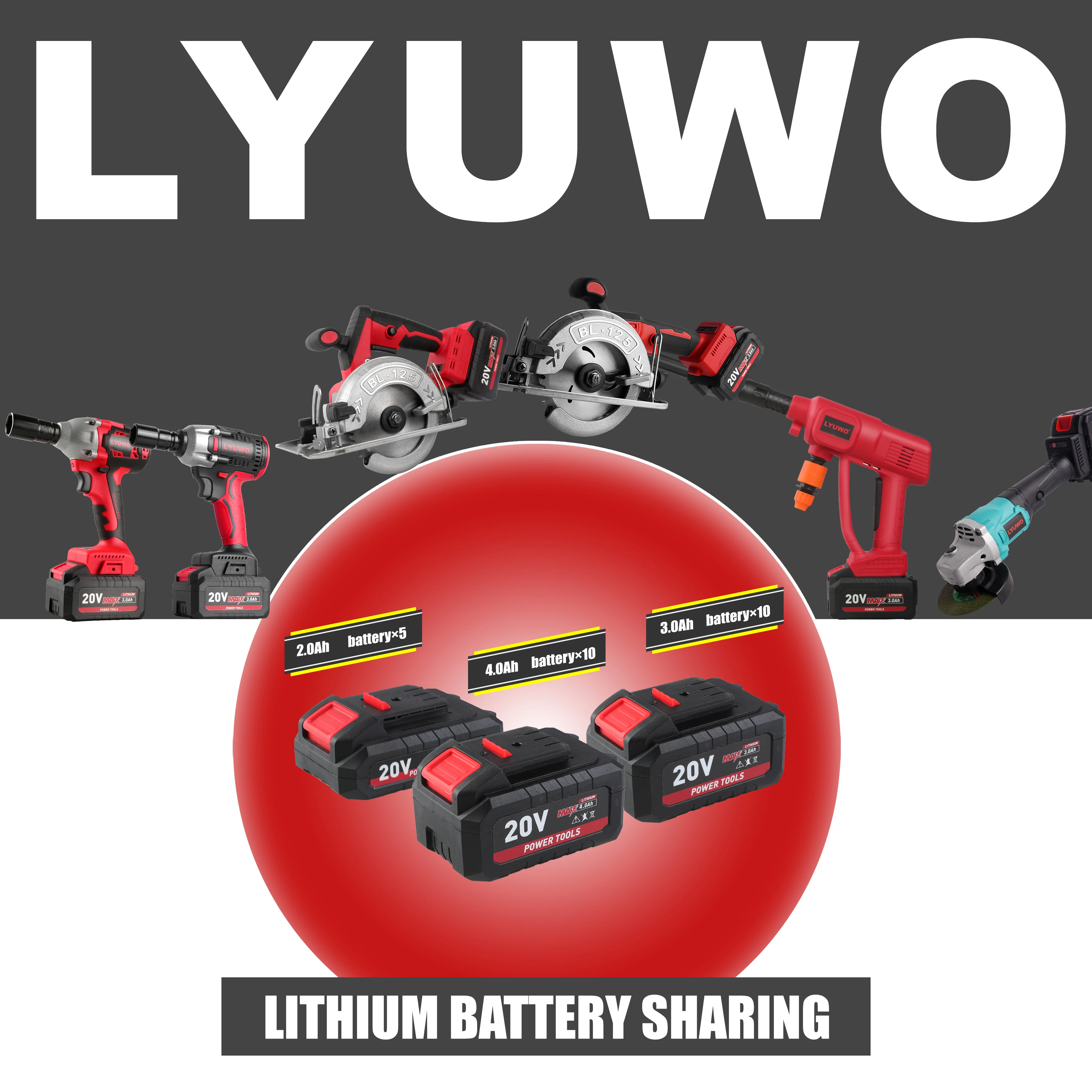 LYUWO-batería recargable de 20V, Serie de iones de litio, Taladro Inalámbrico, sierra, destornillador, llave, amoladora angular, herramientas