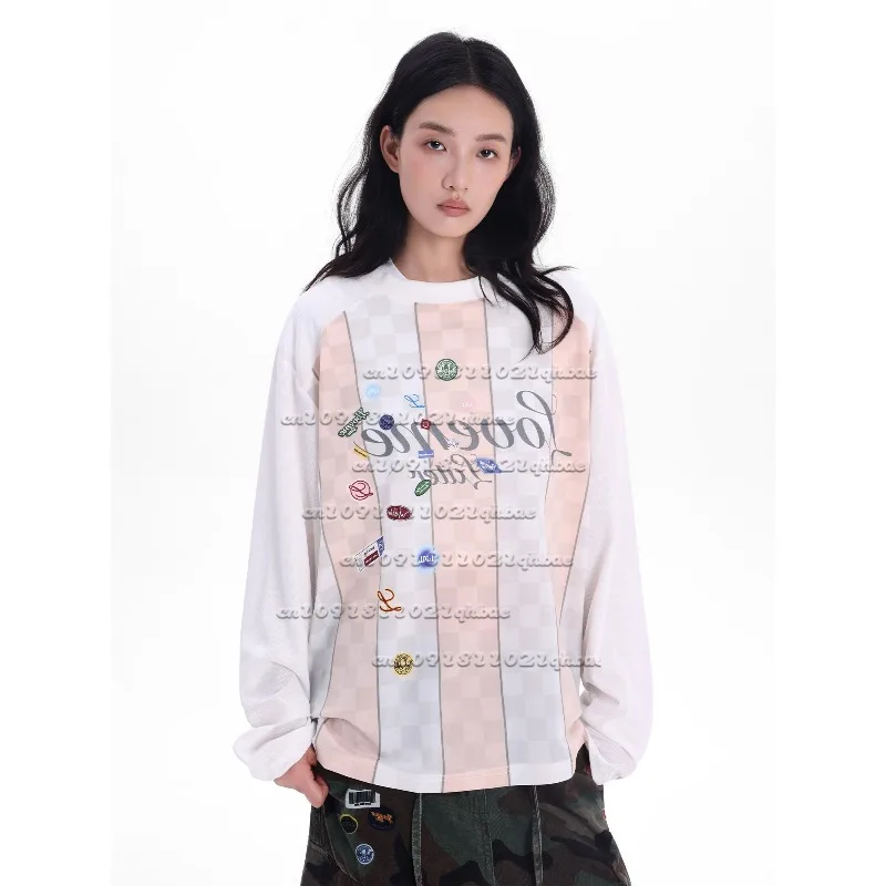 

Дышащий быстросохнущий трикотаж контрастного цвета с 3D принтом в шахматном порядке, свободная футболка с длинными рукавами в американском стиле ретро, модная