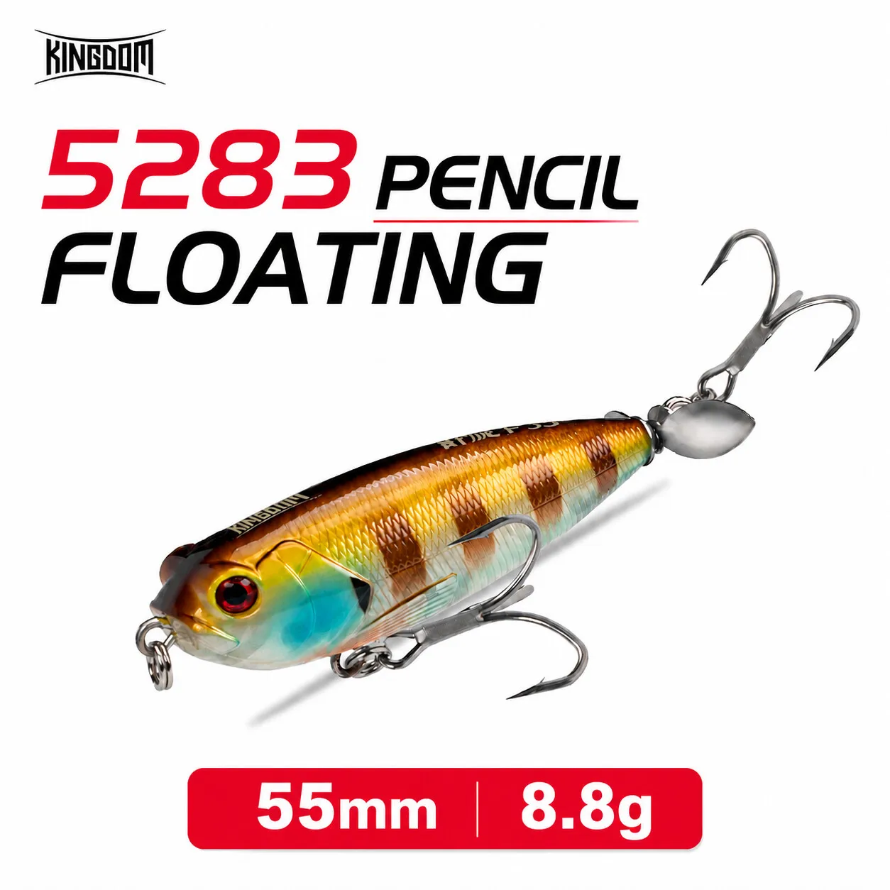 Kingdom Propeller Pencil Bait Angelköder Topwater 55mm 8,8g Wobblers Hart Kunstköder mit frei rotierendem Schwanz für Barsch- und Hechtangeln