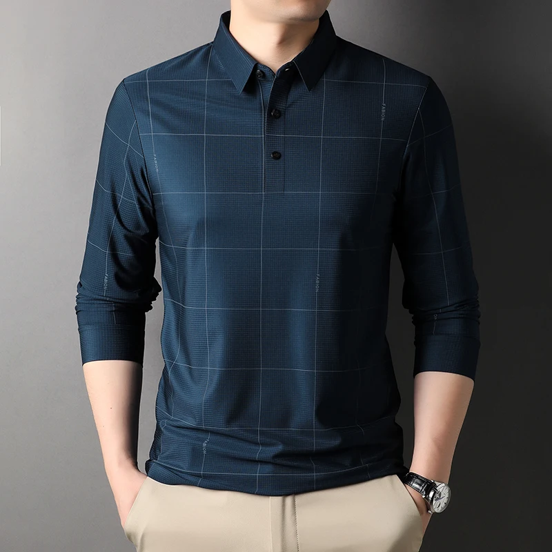 New Long Sleeve Plaid Men's Polo Shirts Luxury Seamless Business Casual Male Polo Shirts Spring Autumn Simple Man Tees 4XL