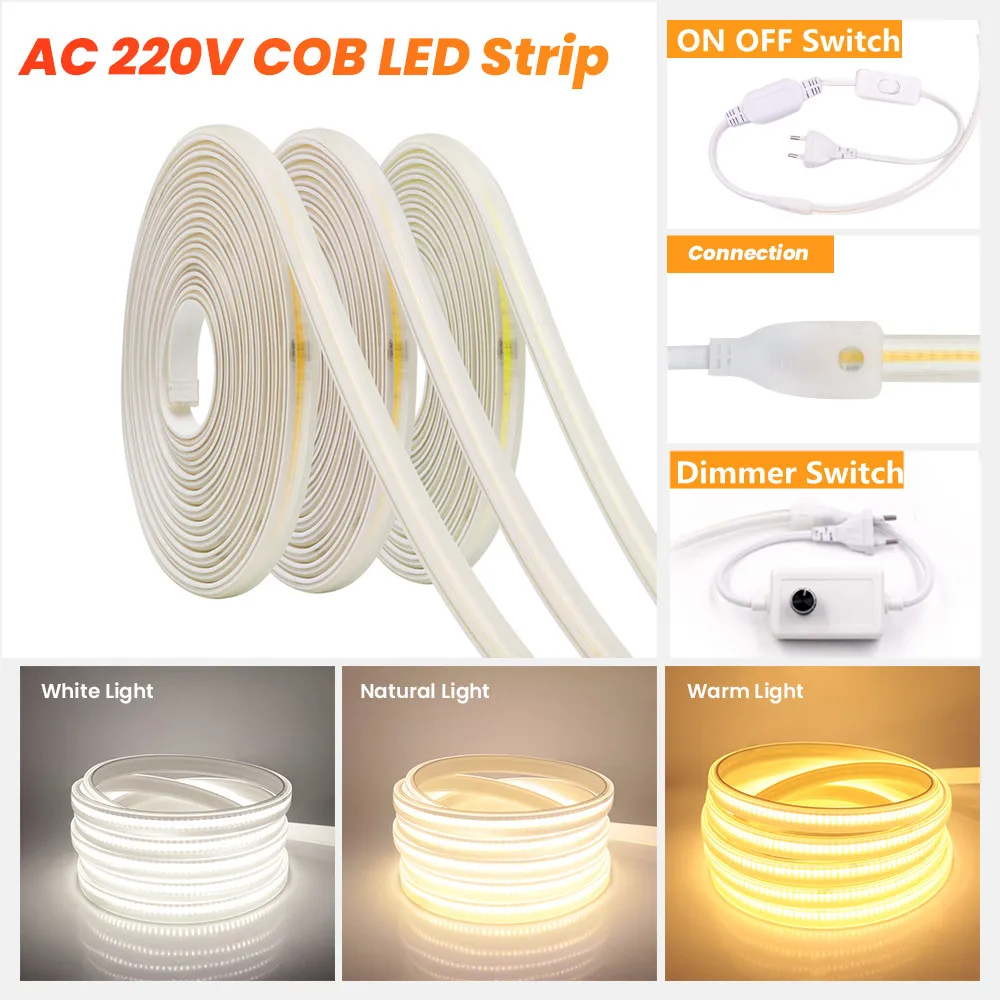 

220V COB LED Light Strip With ON OFF Switch 288LEDs/m Dimmable High Density Bending Tape Diode Lamp Waterproof 3000K 4000K 6000K