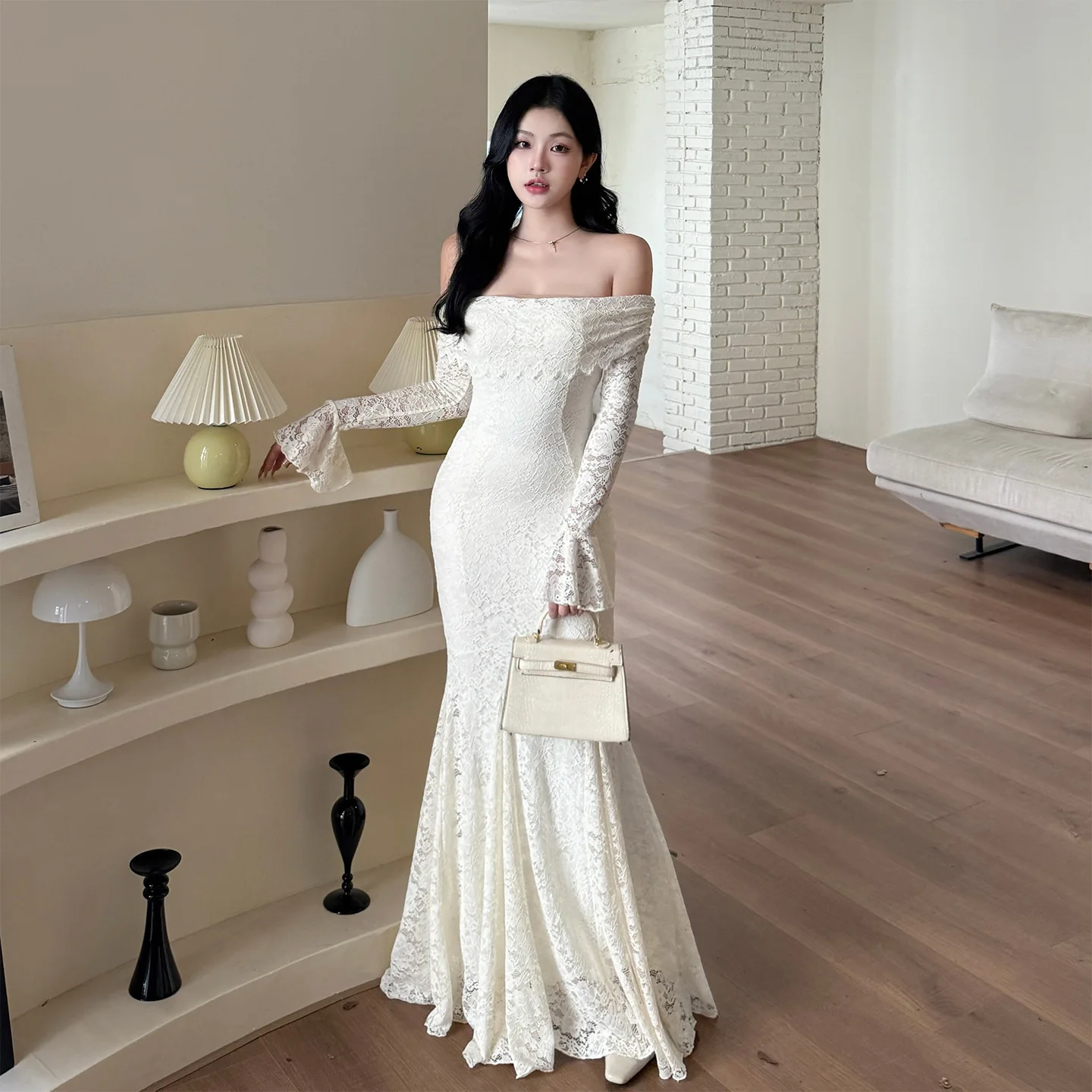 Retro Kant Off-the-shoulder Hollow-out Ontwerp Luxe Dame-achtige Dames Herfst Slanke Zeemeermin Jurk Uitlopende Party Prom vestidos Gewaad