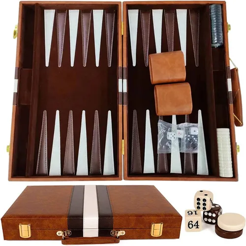 Imagen 2 del producto Juego de backgammon de 38 cm, tablero plegable clásico con estuche de cuero, juego de viaje portátil, paquete de regalo ideal para amantes de la estrategia