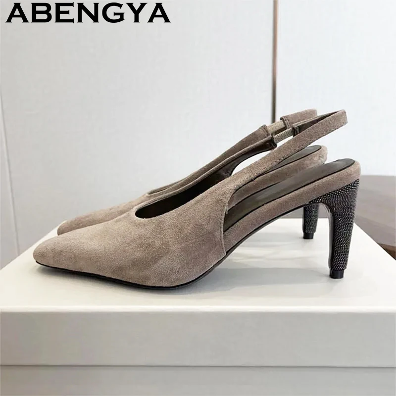 Suede Leather Pointy Toe High Heels Sandals Women Shining Bead Ankle Buckle Slipsole High Heel Sandals Summer Dress Shoes Woman