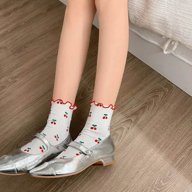 

Cherry Print Sweet Girls Short Socks Sox Ruffles Socks Cotton Thin Breathable Kawaii Cute Socks Women JK Japanese Fashion Lolita