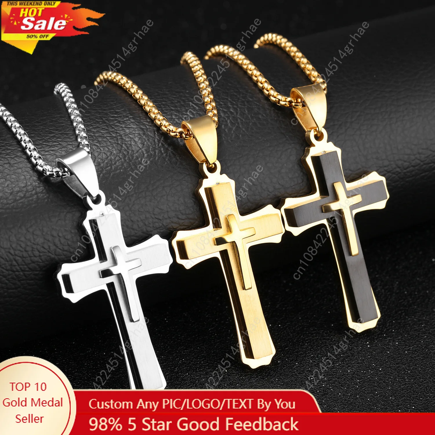 

3D Cross Pendant Necklaces for Men Boys,Black Gold Color Stainless Steel Cross Necklace,Hiphop Punk Party Gift