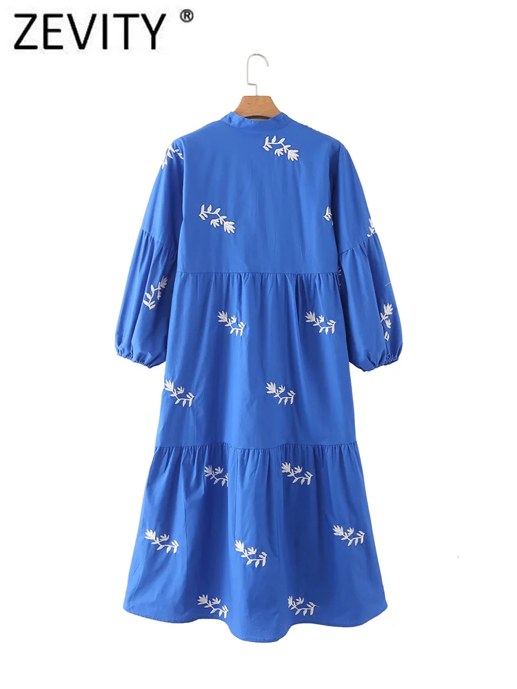 Zevity Women Fashion Floral Embroidery Casual Pleats Blue Midi Dress Female Stand Collar Three Quarter Sleeve Vestidos DS1805