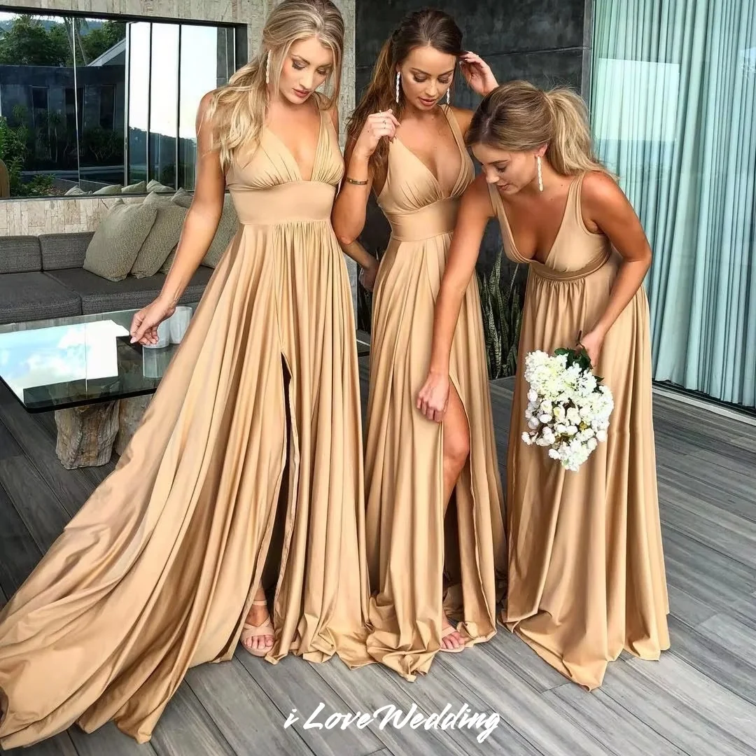 

Spaghetti-Strap Bridesmaid Dress 2025 Satin V-Neck A-Line Backless High Split Pleat Floor-Length Wedding Party Dress Customized