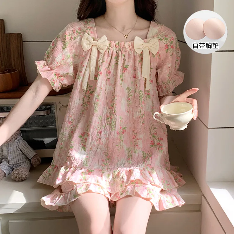 Large Size Summer Cloud Cotton Pajamas Korean Students Pjs Floral Home Clothes with Chest Pad Can Be Worn Outside Loungewear