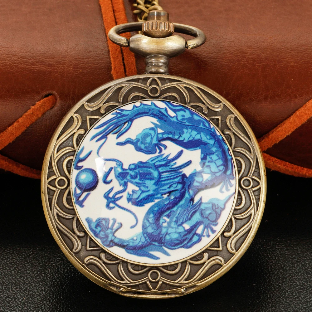 Bronze Chinese Large Size Blue Flying Dragon Quartz Pocket Watch Vintage Round High Quality Steel Necklace Pendant Jewelry Gift