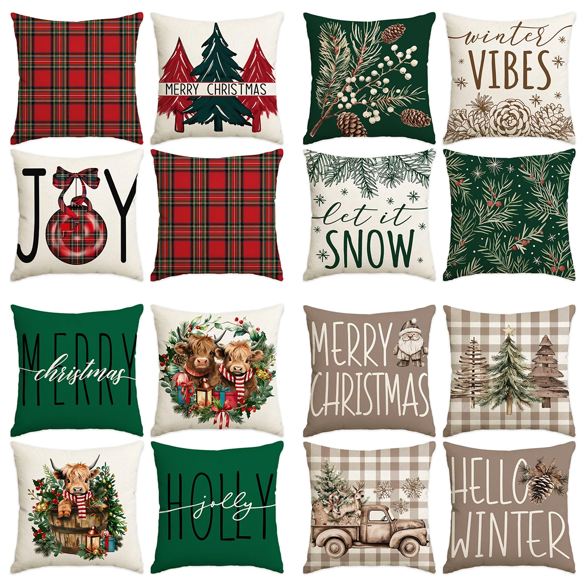 4pcs Throw Pillow Covers Christmas Cushion Covers Farmhouse Xmas Tree Highland Cow Winter Holiday Sofa Home Decor Cushion Cover