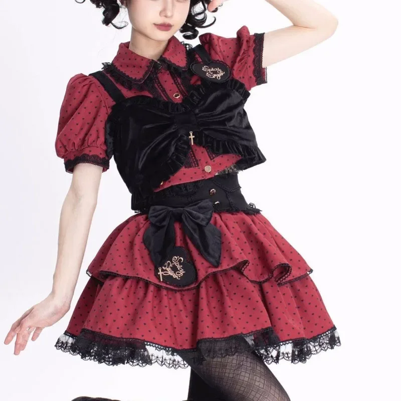 Summer New Women's Turn-down Collar Button Spliced Lace Polka Dot Bow Shirt Sweet Slim Short Sleeve Short Skirts Set 2025