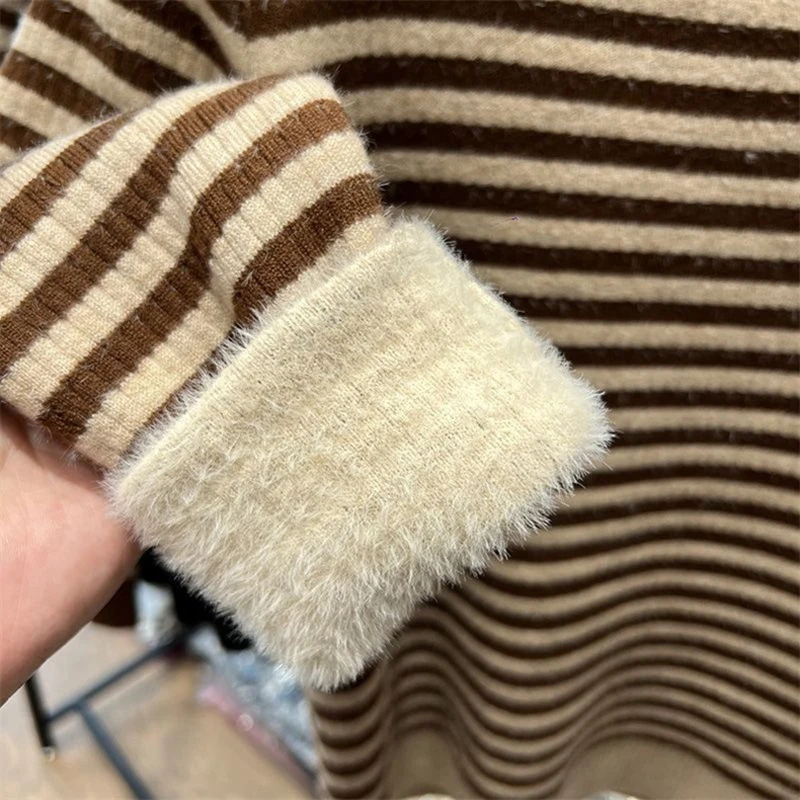 Fleece Lined Stripe Sweater Women Vintage Mock Neck Knitted Bottoming Pullover Autumn Winter Korean Long Sleeve Knitwear Jumper
