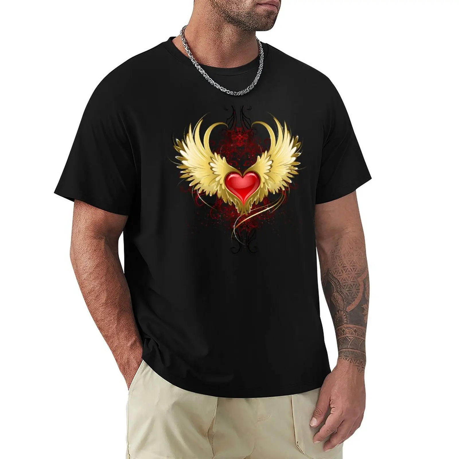 Red Heart with Golden Wings ( Gold Wings ) T-Shirt Breathable Gym Short Sleeve T-Shirt