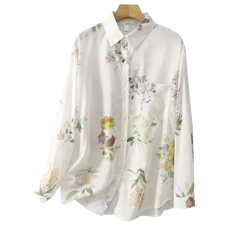 Women Vintage Mori Floral Print Linen Cotton Shirt Lapel Loose Long Sleeve Casual Versatile Elegant Blouse Autumn Daily Top