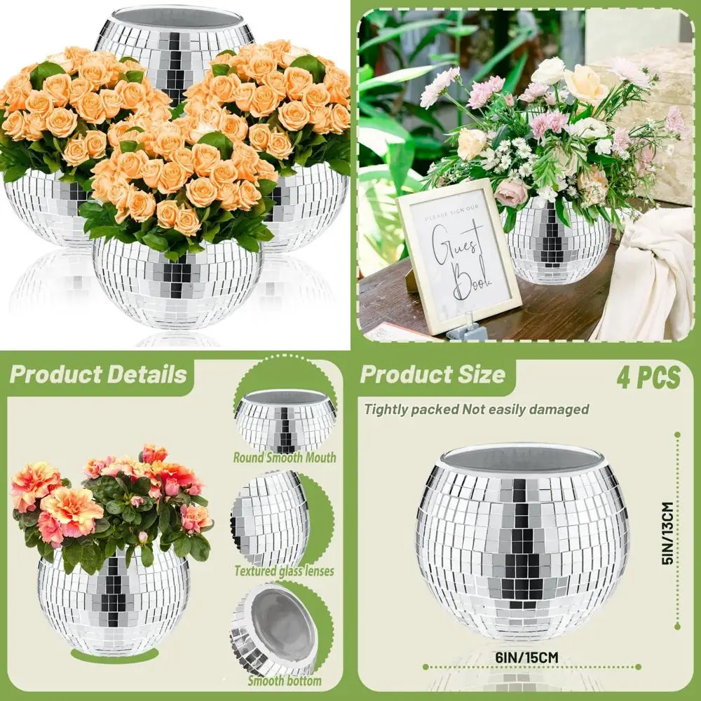 

Mirrored Disco Ball Vase Candle Holder Set, 4 Pieces, 5x6 Inches Planter for Living Room, Bedroom, Dining Area Decor