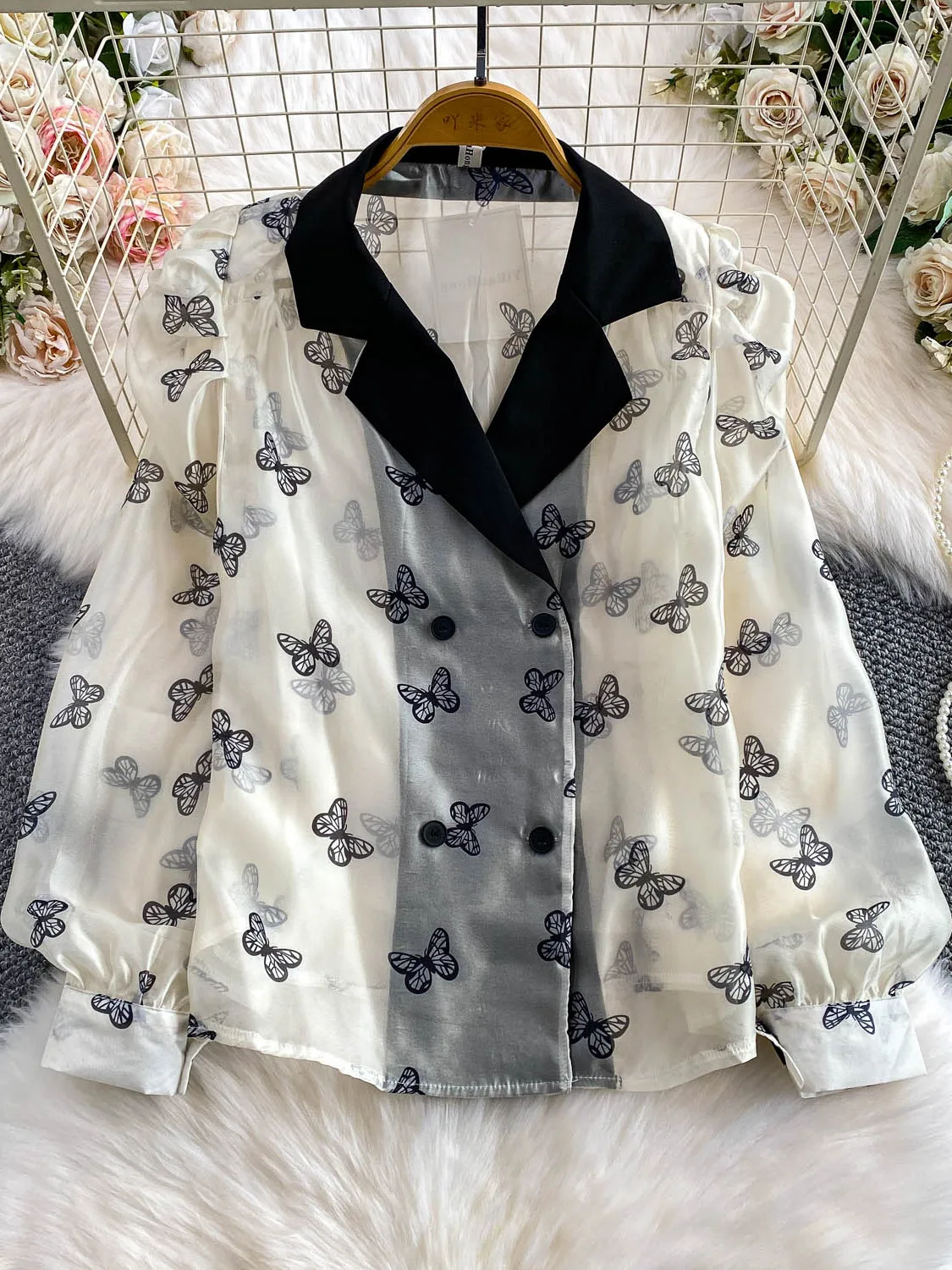 

Elegant Print Blouse Women's Autumn Winter Thin Chiffon Shirt Loose Personality Top Tailored Lapel Long Sleeve Slim...