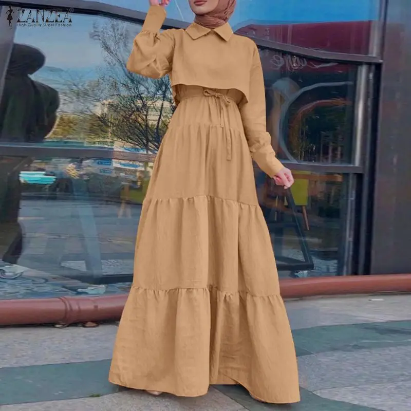 ZANZEA Women Muslim Maxi Dress  Long Sleeve A-Line Belted Elegant Turn Down Collar Vestidos Streetwear Long Dresses S-3XL