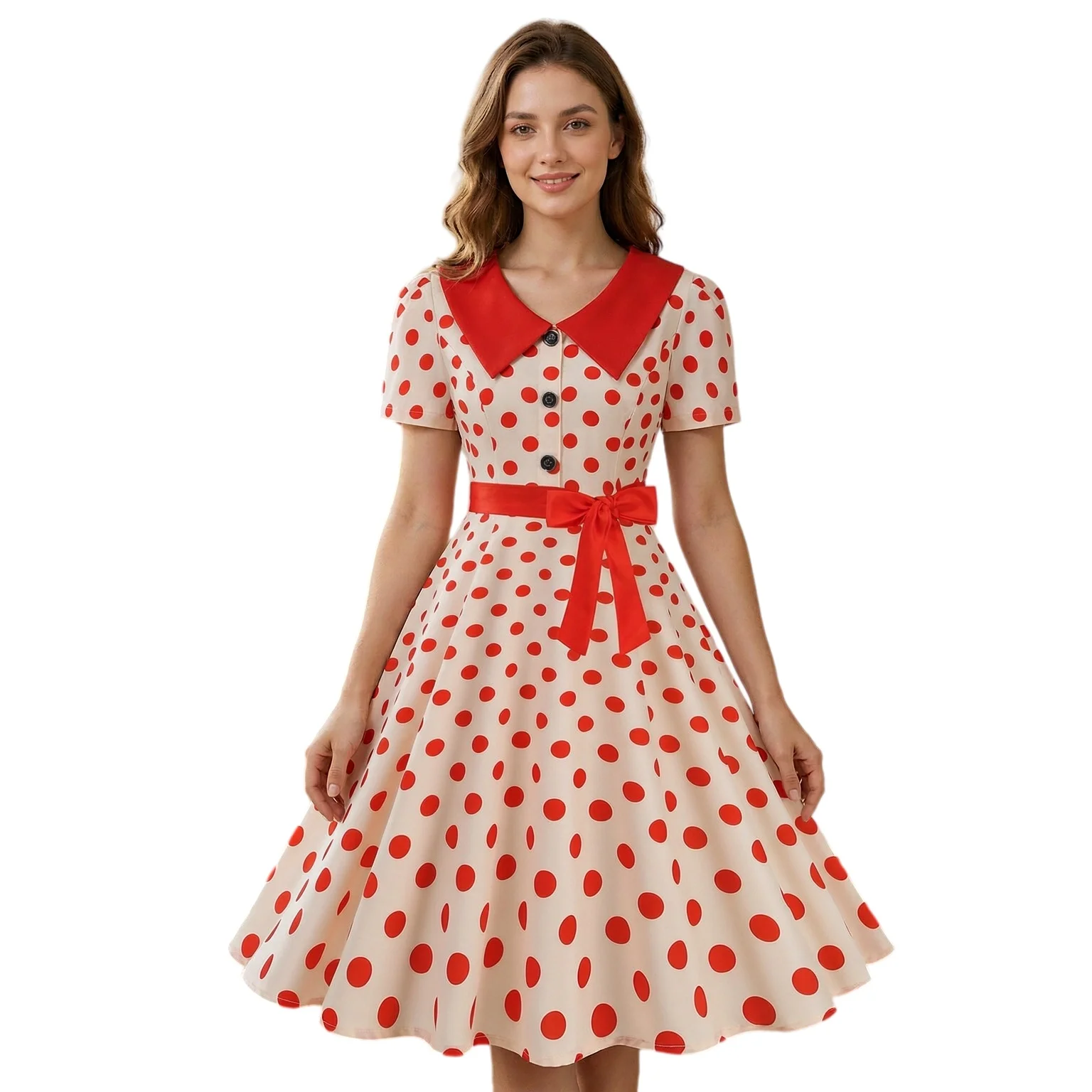 Dress Women 50s Vintage Polka Dot Contrast Collar Short Sleeve Tie Waist Retro Swing Dress