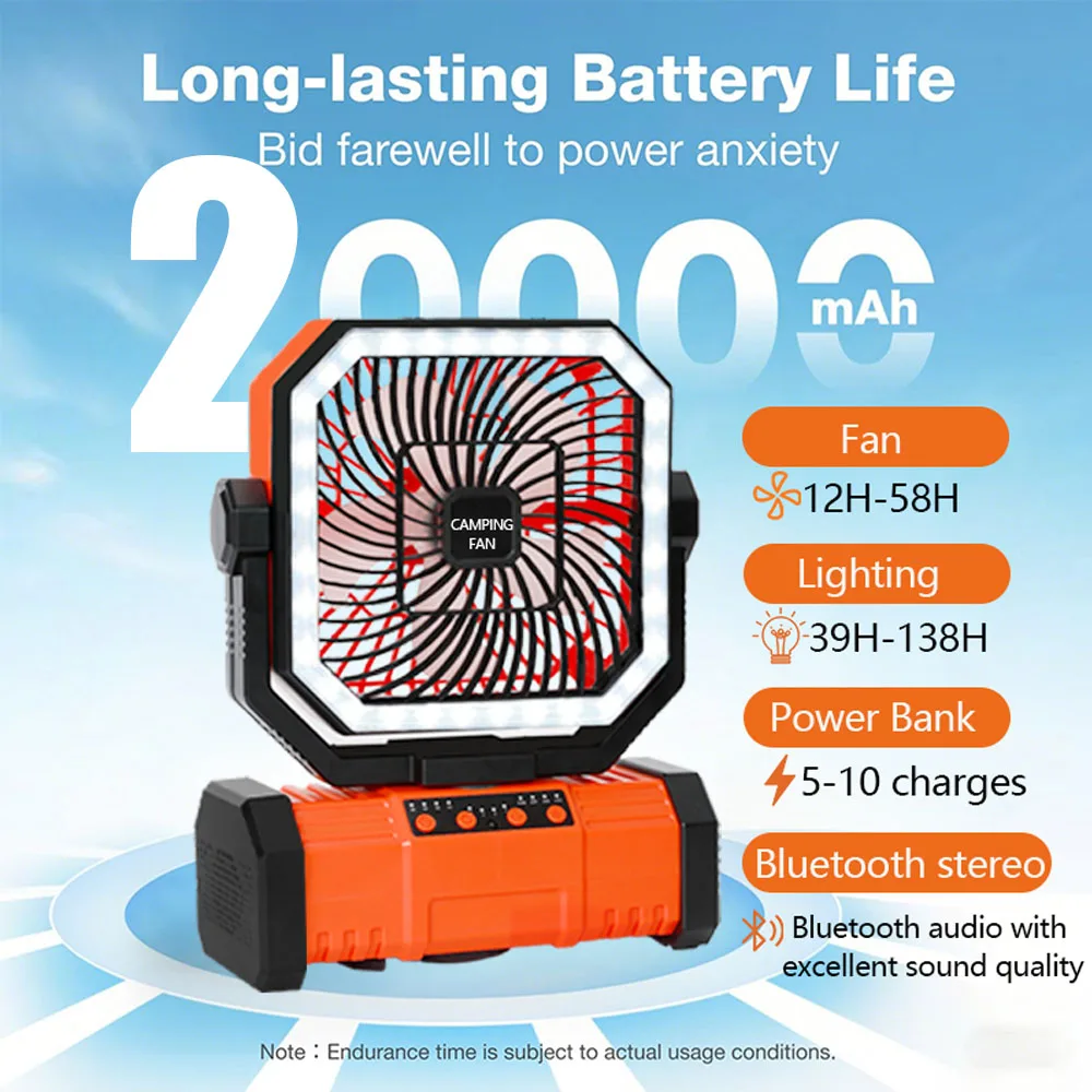 Outdoor Camping Fan 20000mAh Oplaadbare ventilator met LED-lantaarn en afstandsbediening voor vissen, reizen, 4 snelheden, 8 uur timer, ophanghaak