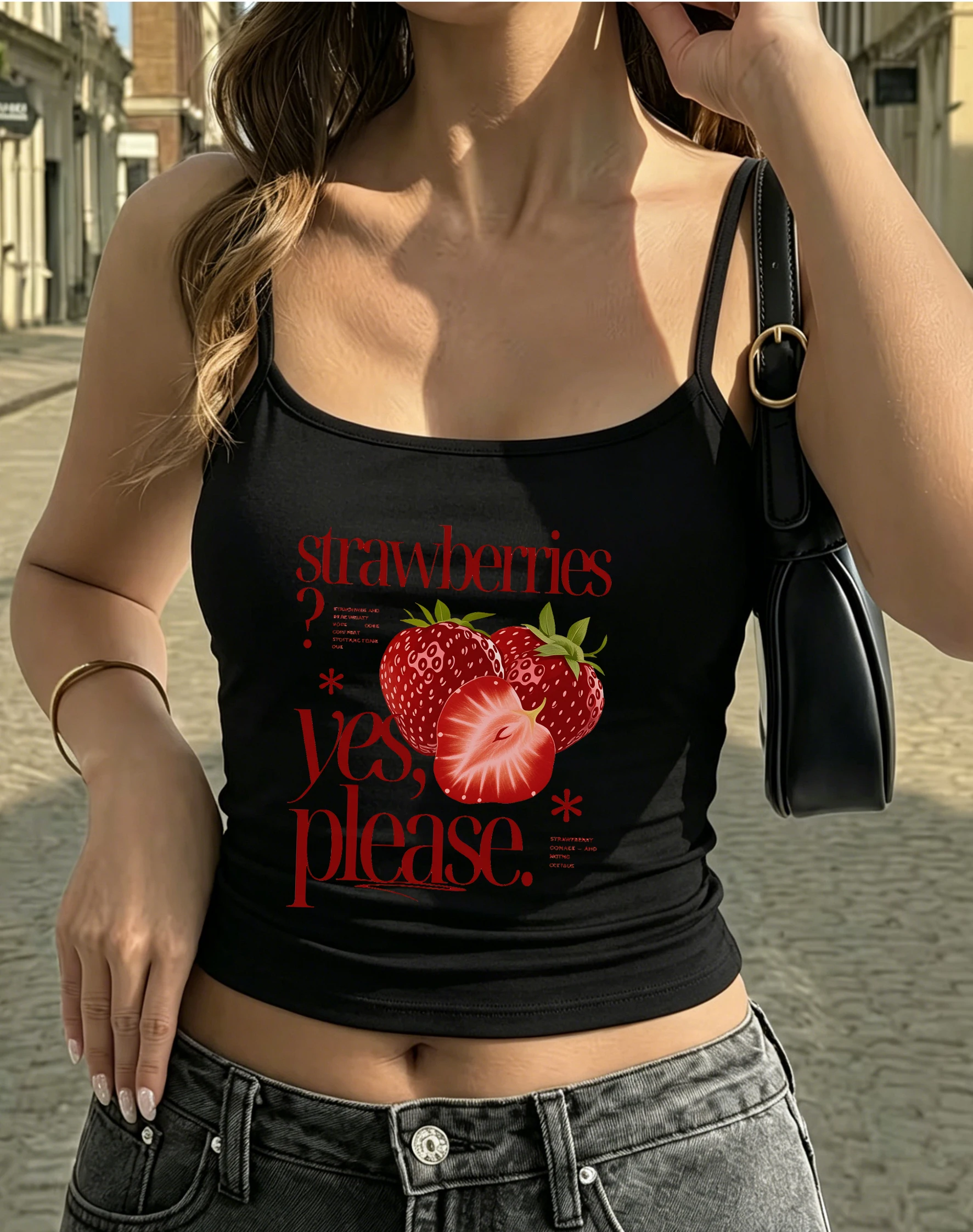 Strawberries Yes Please Camisole Fruit Graphic Crop Top Women Summer Sleeveless Spaghetti Strap Tank Tops Casual Vest Street