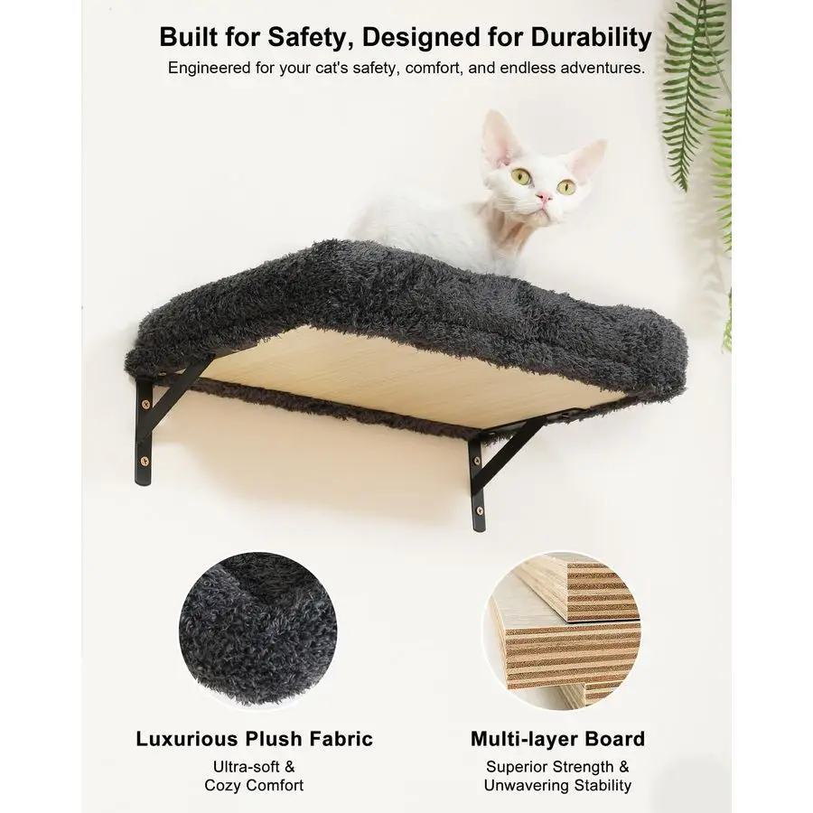 Prateleiras de parede para gatos, conjunto de móveis para gatos 4 em 1 estável, parede de escalada de madeira com poste para arranhar para drywall de 16 polegadas cinza