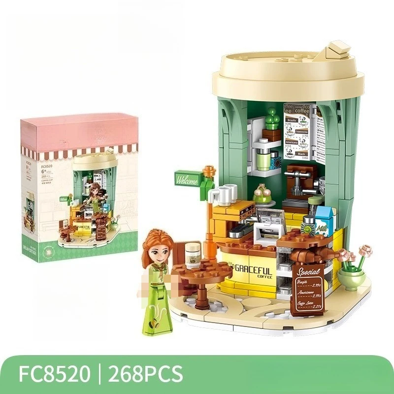셈보 밀크티 가게 블록 창의적인 어린이 미니 거리 풍경 수제 조립 모델 교육용 커피숍 장난감 선물