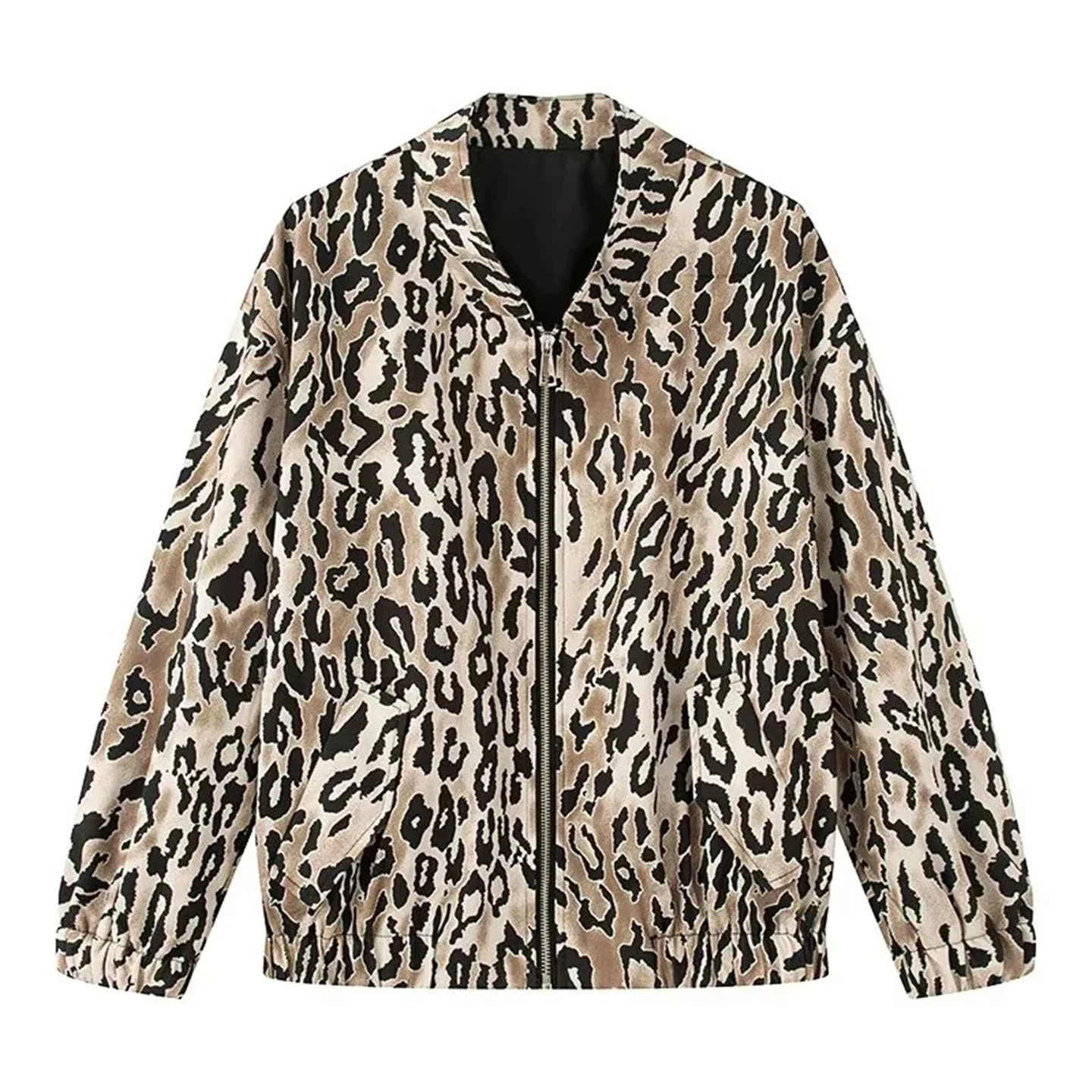 Vintage Leopard Print Jacket Women's Casual Stand Collar Zipper Coat Autumn Winter High Street Patchwork Loose Outerwear