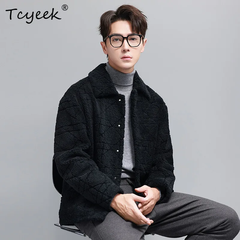 Tcyeek Natural Sheep Fur Coat Men Vintage Genuine Leather Jacket Winter Clothes Lamb Wool Real Fur Coats Male Business Casual