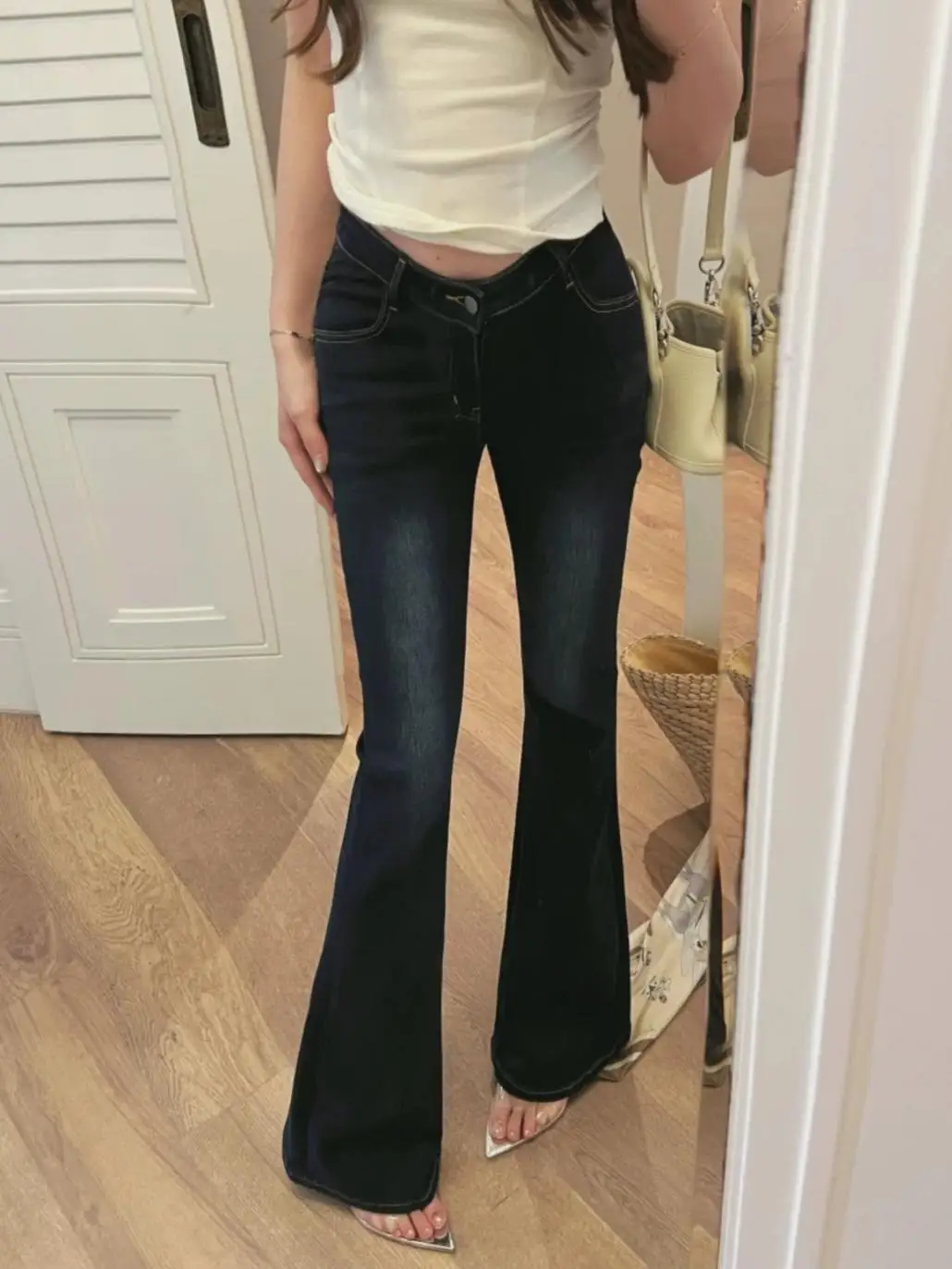 

High Waist Bell Bot Jeans Women's Long Pants Slimming Leg Lengthening Built-In Hip Pad Blue Bla Cotton Stretch Denim