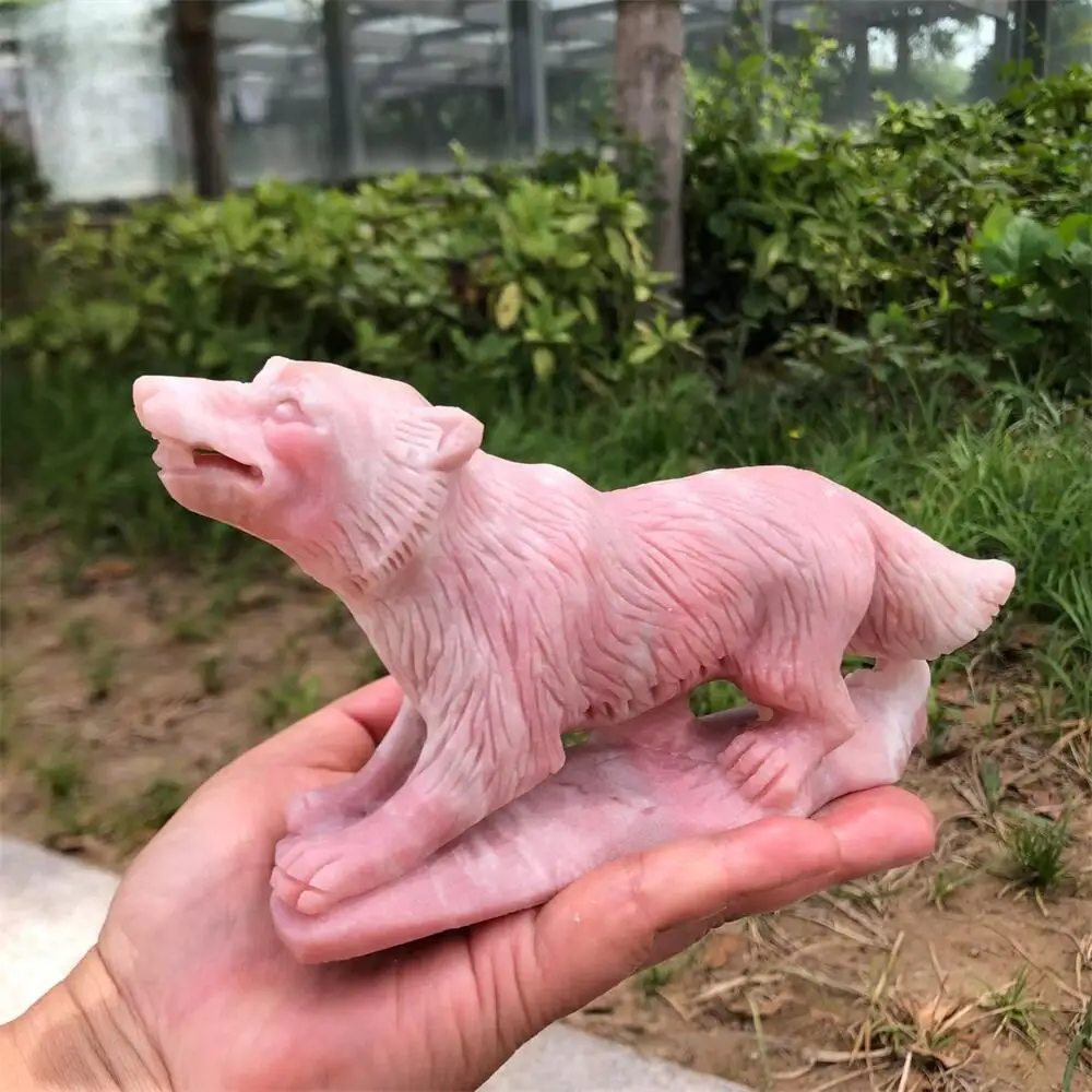 20cm Pink Opal Wolf Carving Natural Quartz Energy Healing Polished Mineral Home Decor Ornament Animal Figurine
