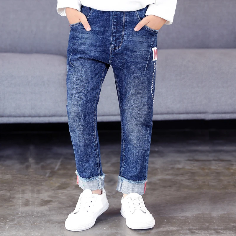 IENENS Fashion Blue Straight Slim Jeans Boy Denim Trousers Kids Clothes Boys Elastic Waist Pants For 4-10 Years